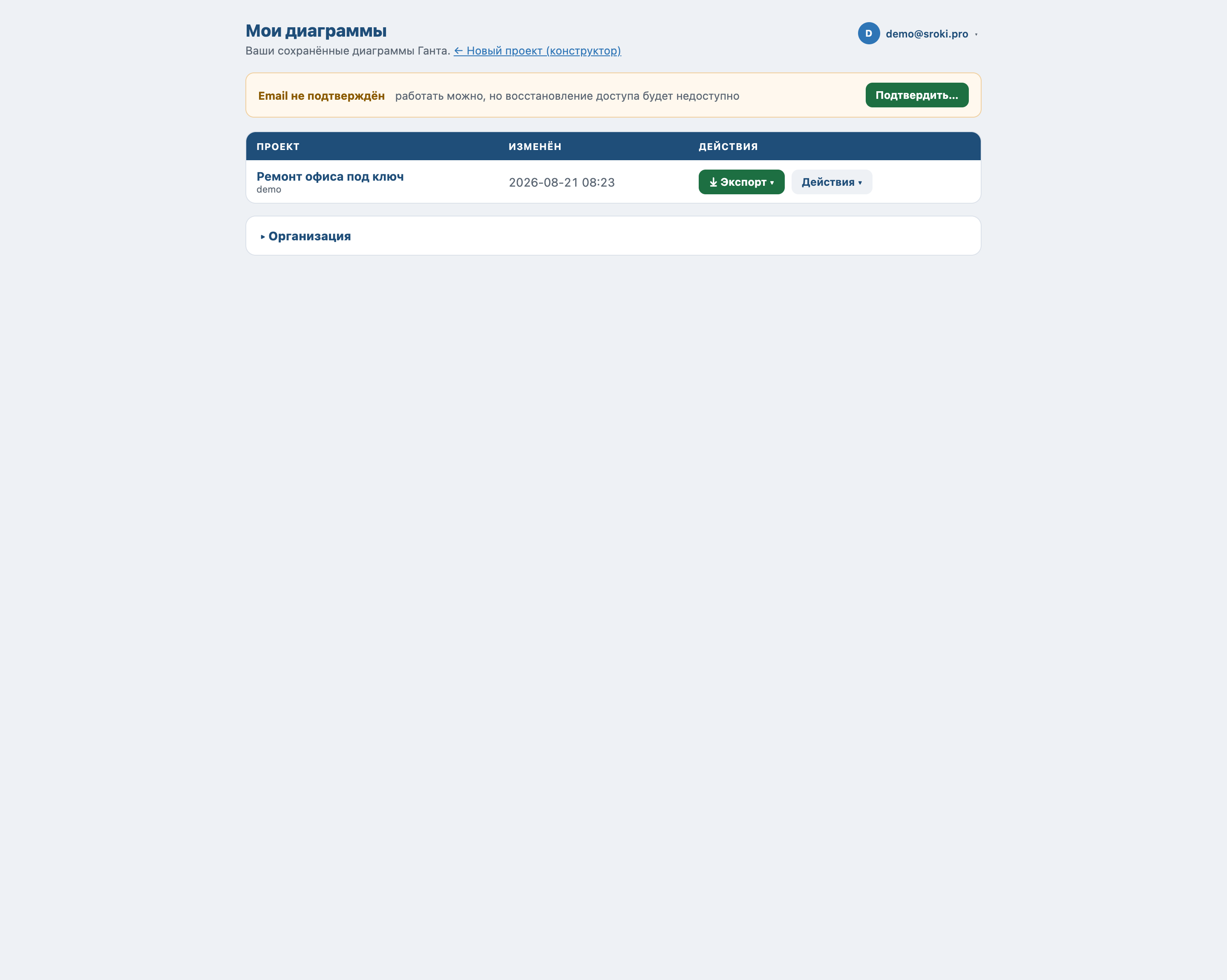 Кабинет: список проектов
